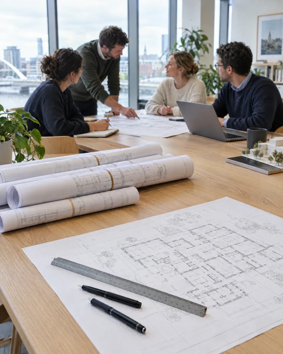 A planning team reviewing rolled drawings and a floor plan around a table in a bright office overlooking the city